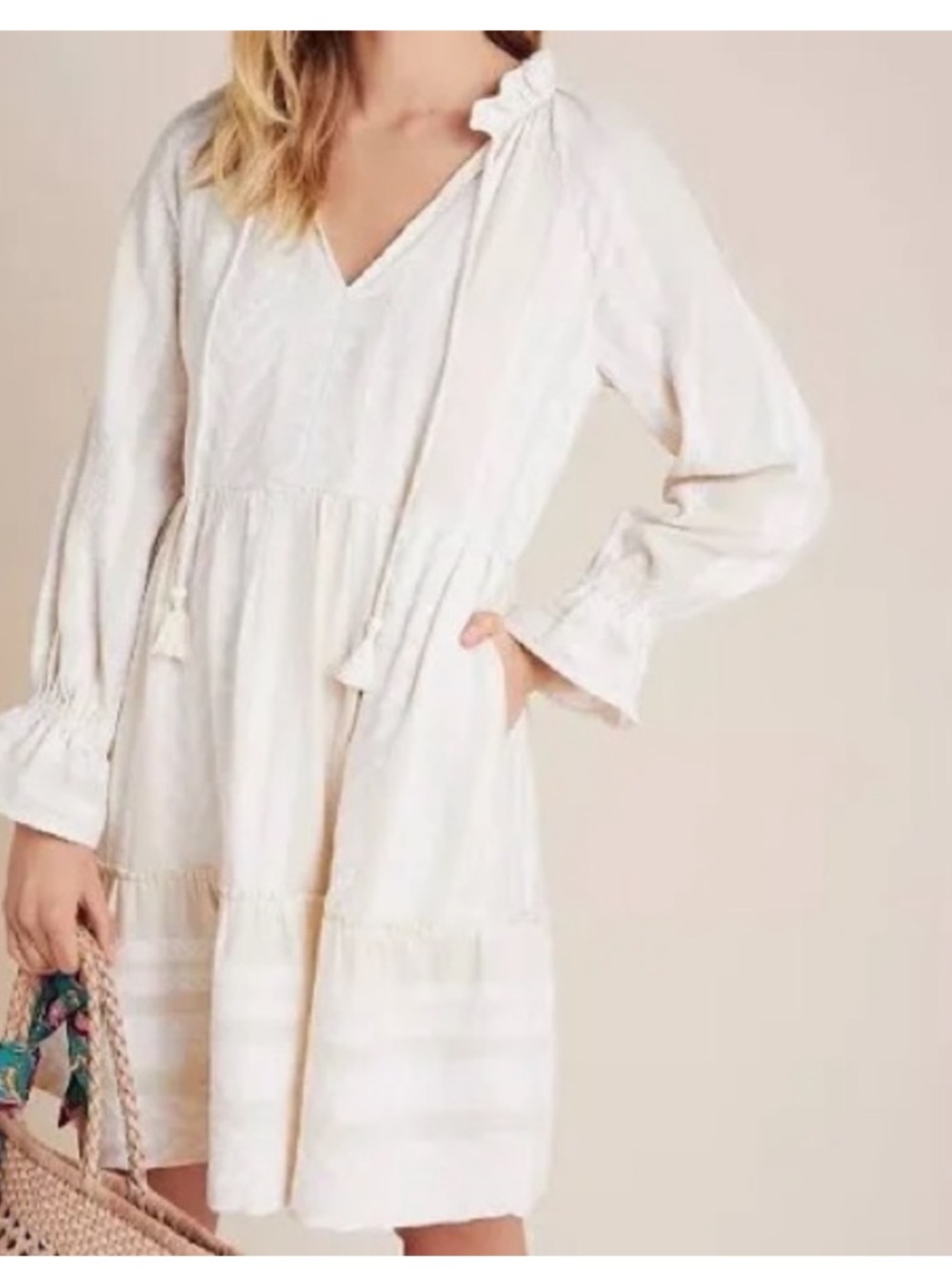 Anthropologie Maeve Dominique Tunic Dress Sz S Cream White Tribal Print $168